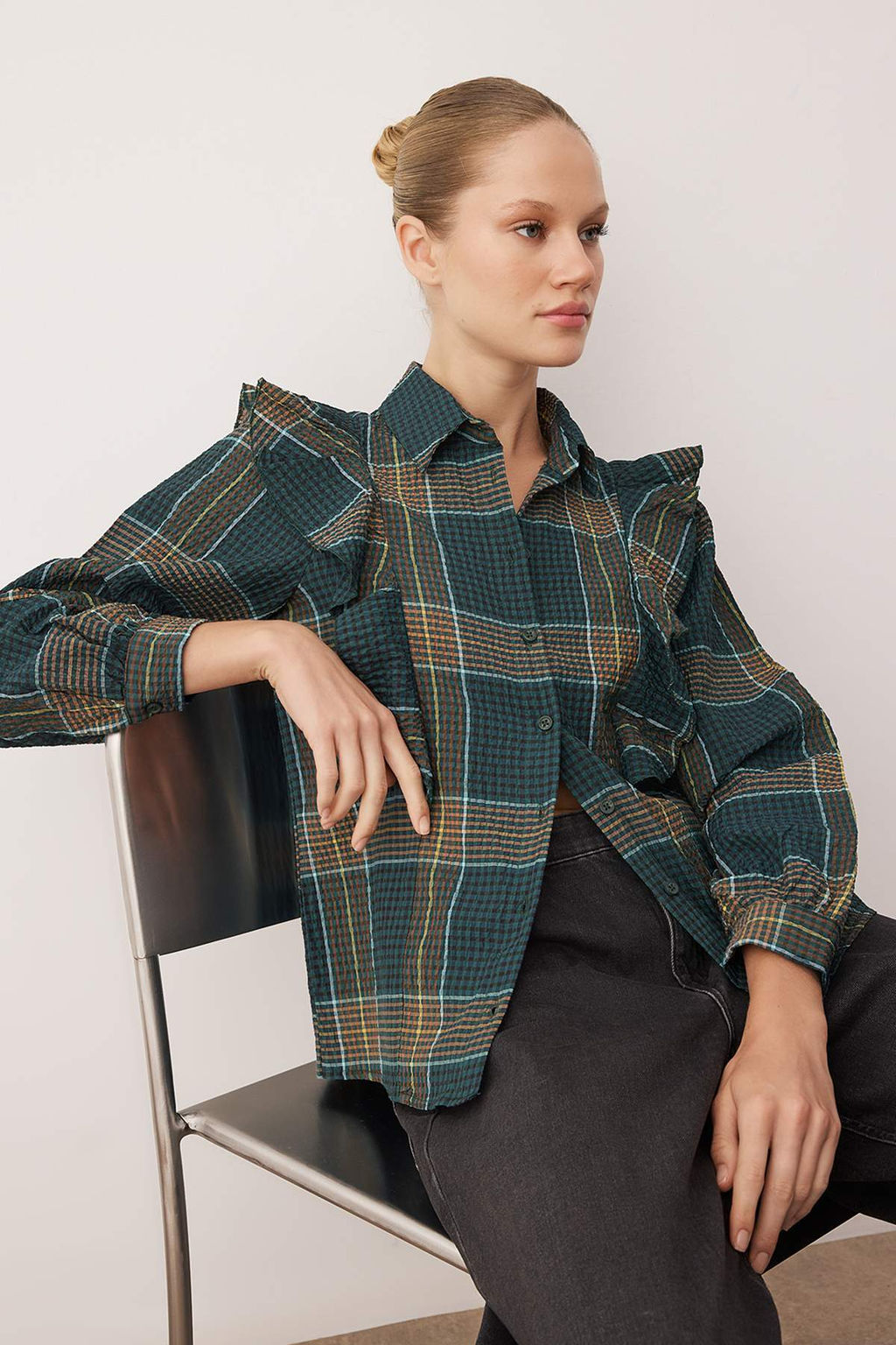 Yesil-Cok Renkli Boho Ekose Dokulu F?rf?r Detayl? Gomlek TWOAW26GO00060