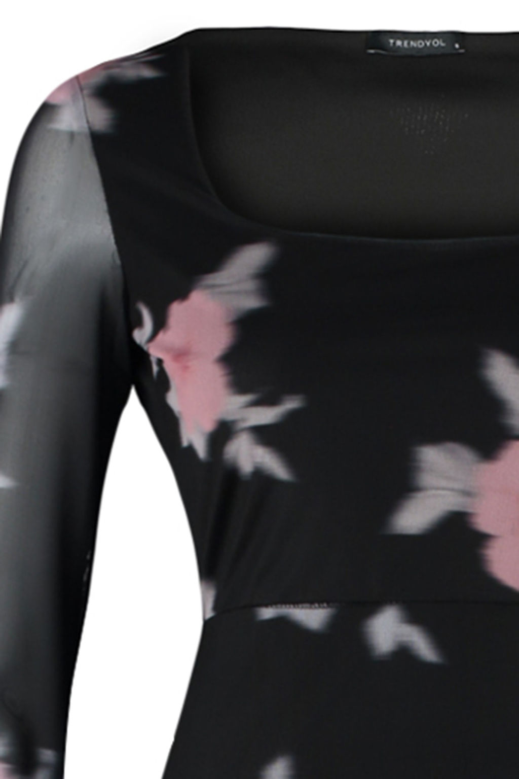 TRENDYOLMILLA Siyah Tul Cicekli Vucuda Oturan Kare Yaka Uzun Kol Maxi Esnek Orme Kalem Elbise TWOAW24EL00291 фото 8