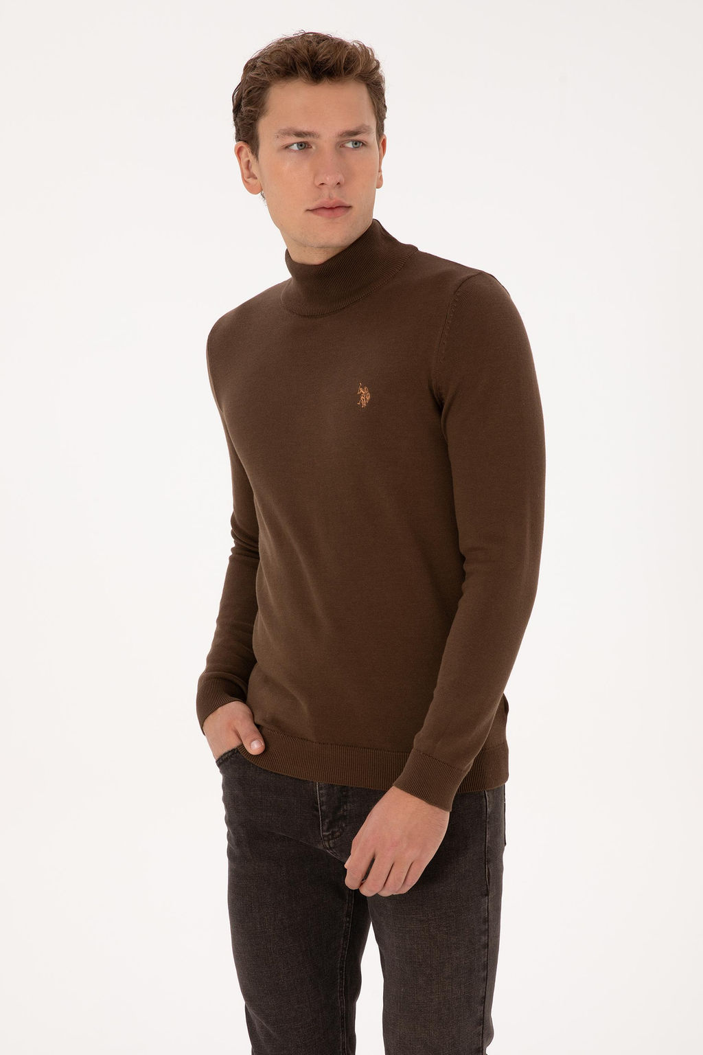 Erkek Slim Fit Bo_azl_ Kahverengi Basic Kazak - U.s. polo assn фото 3