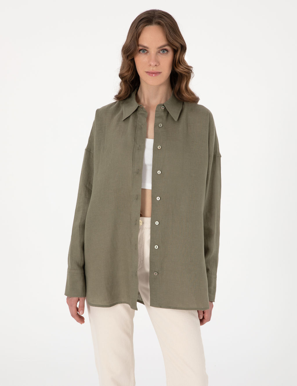 Haki Oversize Uzun Kollu %100 Keten G_mlek