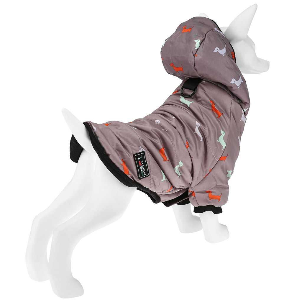 Пэт тойс (Pet toys) Одежда для собаки Куртка с капюшоном, с метал. кольцом, с принтом, на кнопках, р-р L, длина спинки 27см/обхват груди 38см/обхват шеи 32см, цвет-темно-бежевый, плащевка/синтепон/флис (100% полиэстер) (Китай) - Домашняя мода фото 3