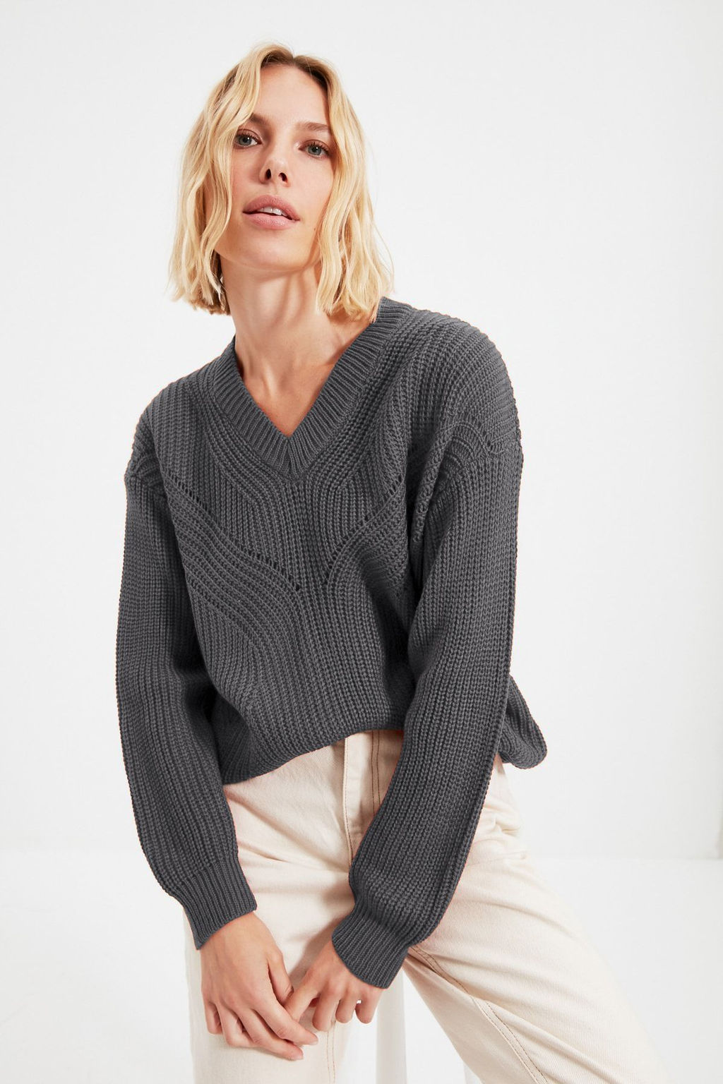 Bordo Ajurlu/Delikli V Yaka Triko Kazak TWOAW21KZ0690 - Trendyolmilla фото 15