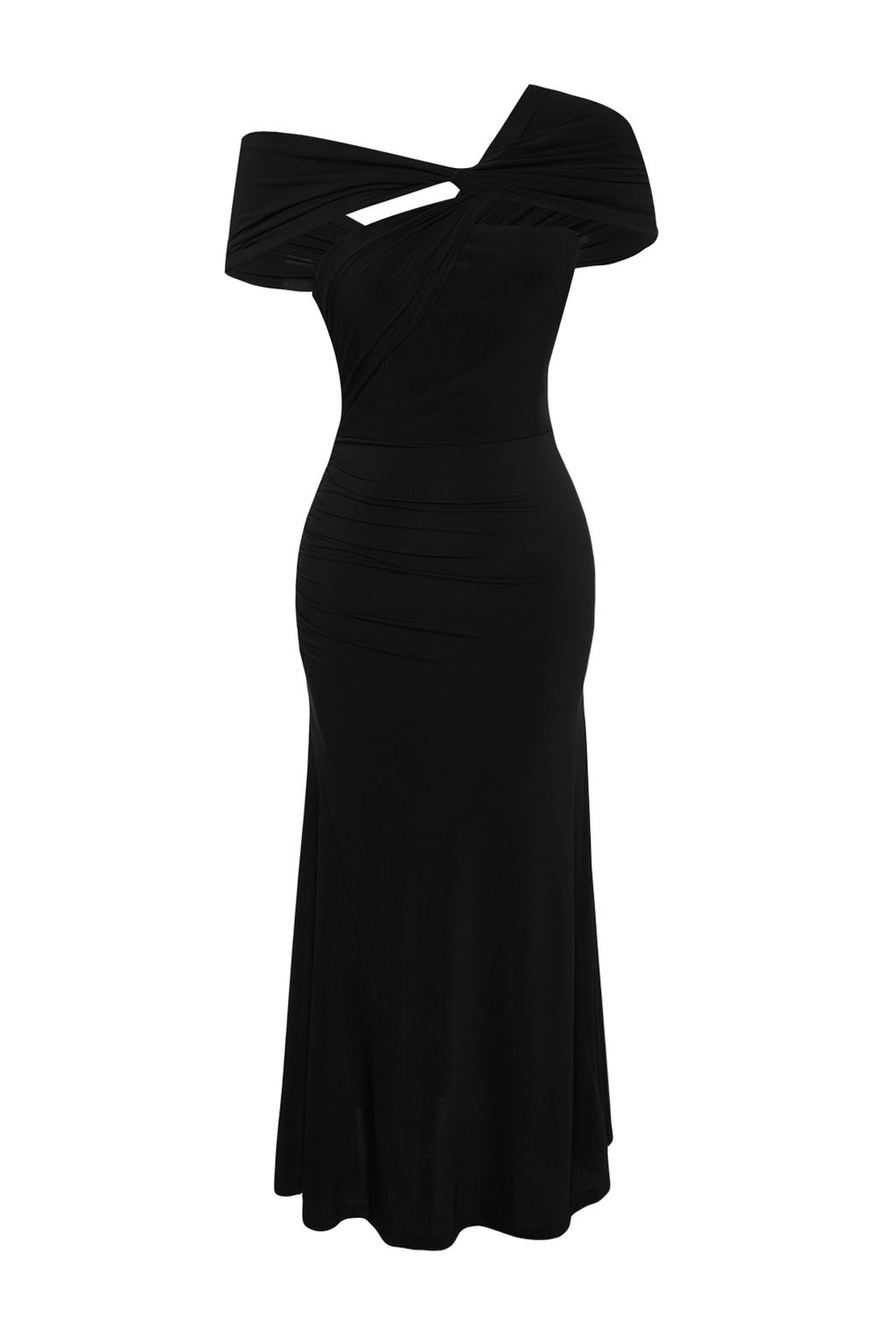 Siyah A-Kesim Asimetrik Yaka Orme S?k Abiye Elbise TPRSS24EL00046