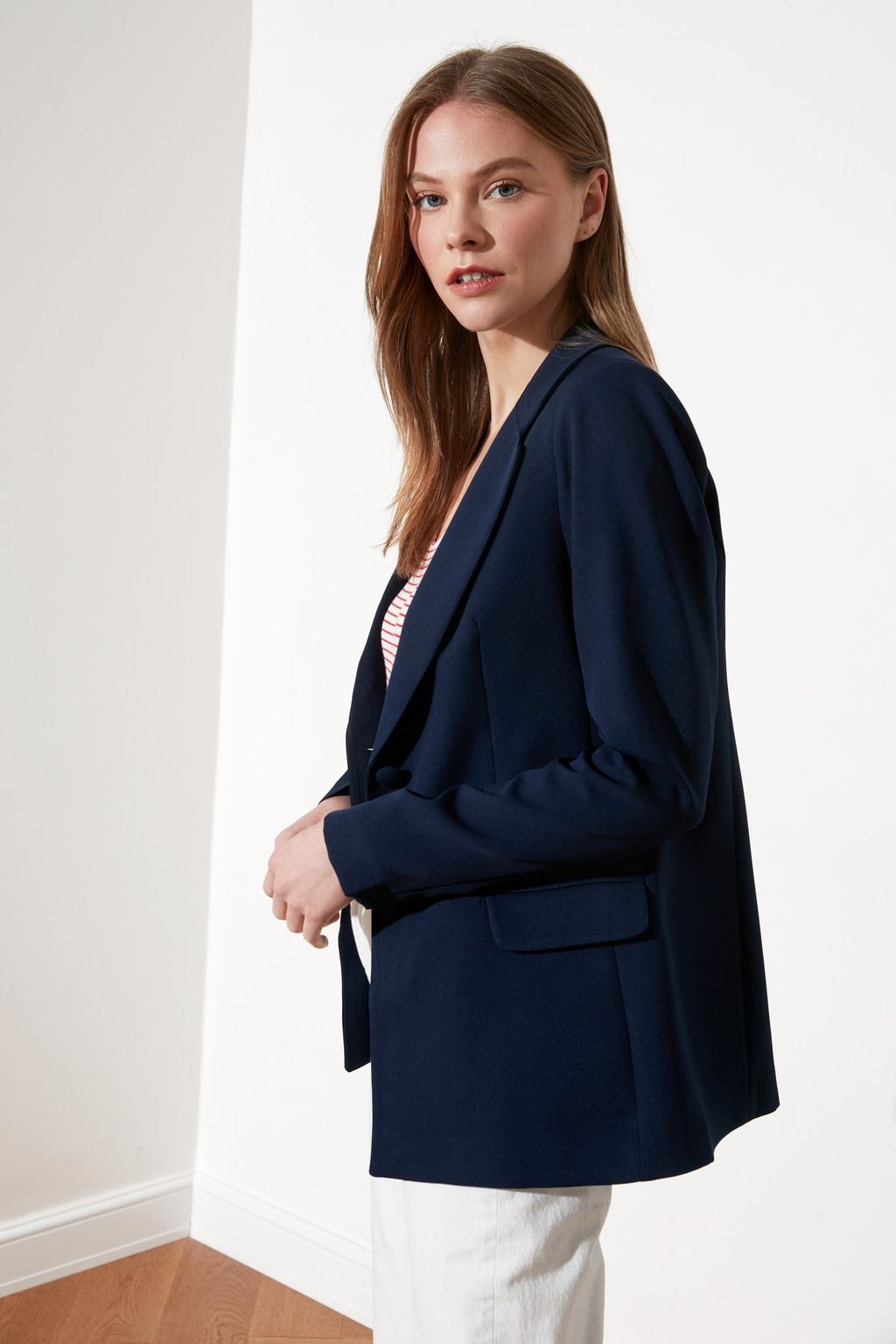 TRENDYOLMILLA Lacivert Regular Astarl? Dokuma Blazer Ceket TWOSS20CE0126  фото 8