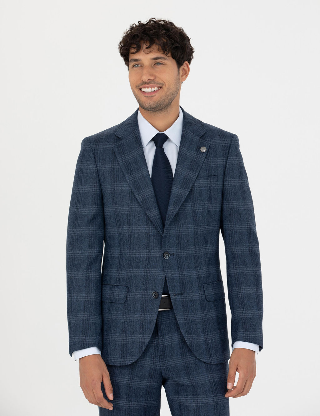 %100 Y_n Ekose Lacivert Ekstra Slim Fit Tak_m Elbise