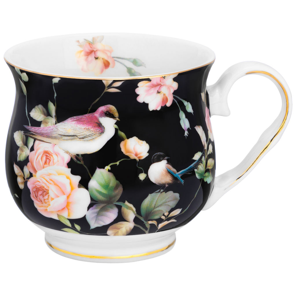 Кружка 480 мл 13,5*10*9 см "Певчие птички на черном" бочонок, фарфор NEW BONE CHINA