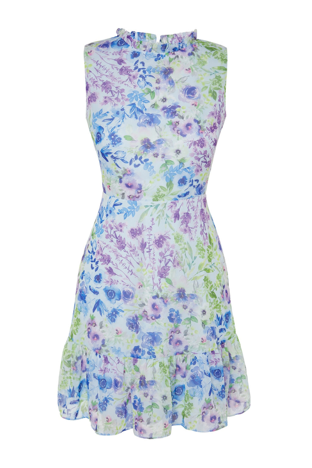 Mavi Cicekli A Kesim F?rf?rl? Astarl? Mini Dokuma Elbise TWOSS20EL0681