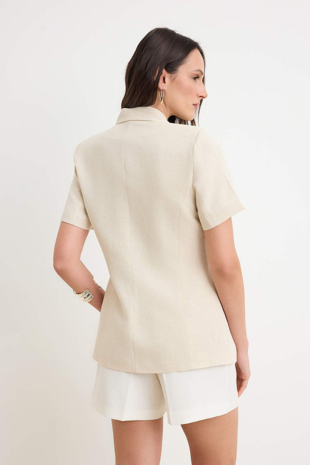 Bej Keten Kar?s?ml? Astarl? K?sa Kollu Blazer Ceket TWOSS26BC00044