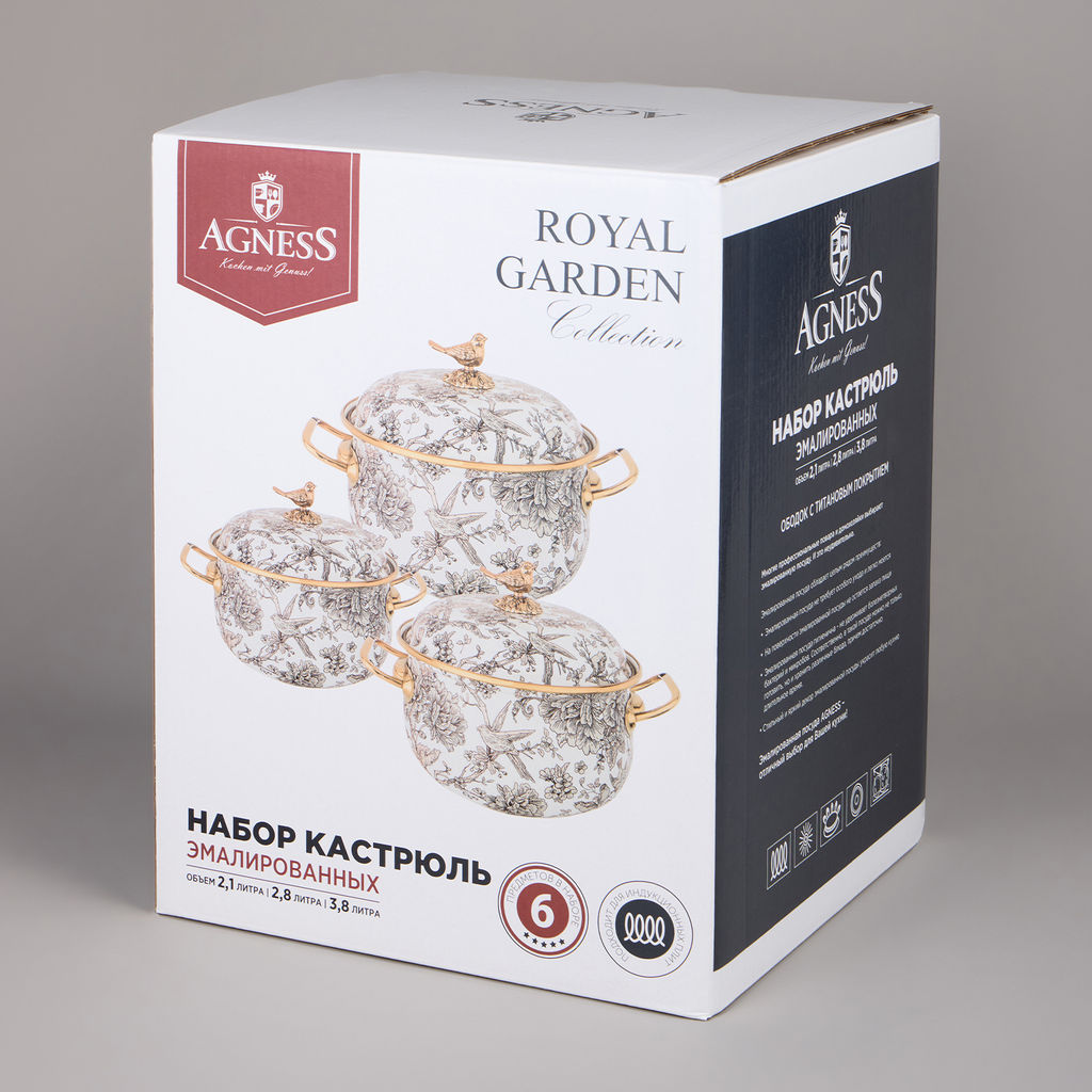 НАБОР КАСТРЮЛЬ AGNESS ЭМАЛИРОВАННЫХ СЕРИЯ ROYAL GARDEN, 6ПР. 2,1Л, 2,8Л И 3,8Л  фото 2