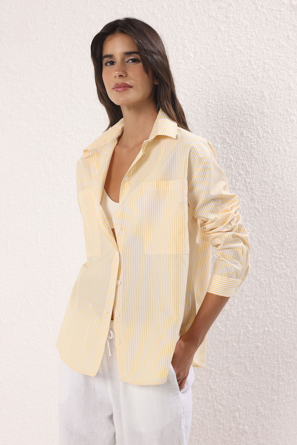 TRENDYOLMILLA Mavi Cizgili Cep Detayl? Oversize/Genis Kal?p Dokuma Gomlek TWOAW23GO00359  фото 12