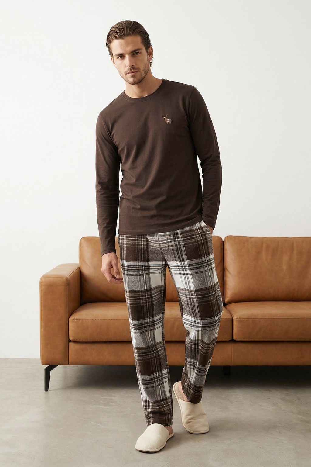 Kahverengi Regular Ekose / Kareli Homewear Pijama Tak?m? TMNAW26PT00061 - Trendyolmilla фото 12