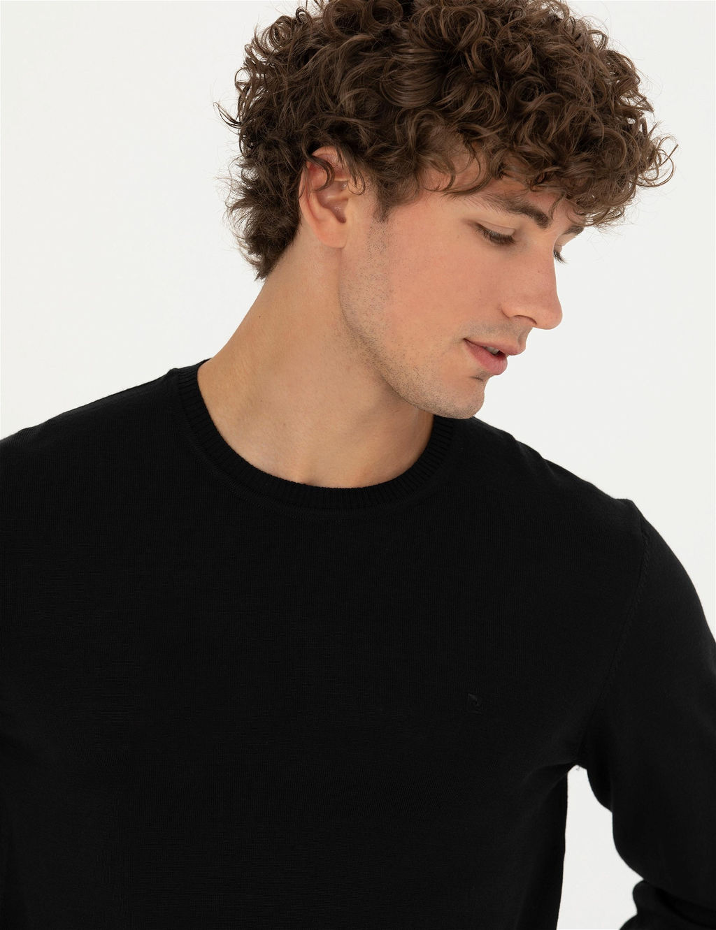 Siyah Slim Fit Bisiklet Yaka Y_n Kar___ml_ Basic Triko Kazak