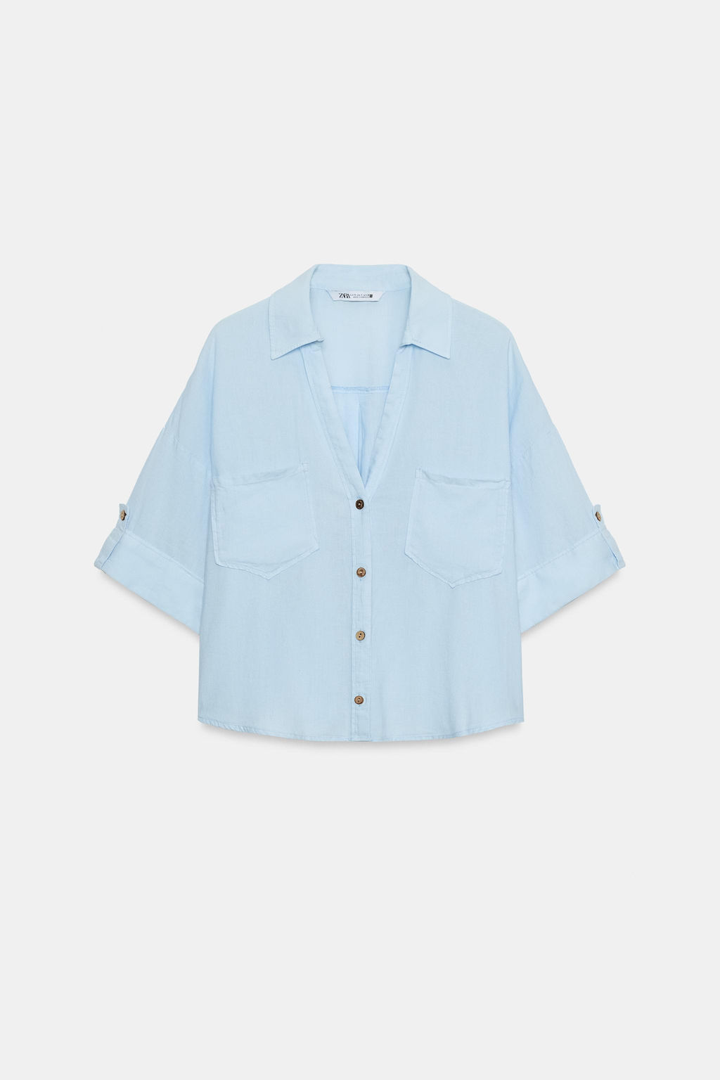 CAMISA CORTA CON LINO / Celeste