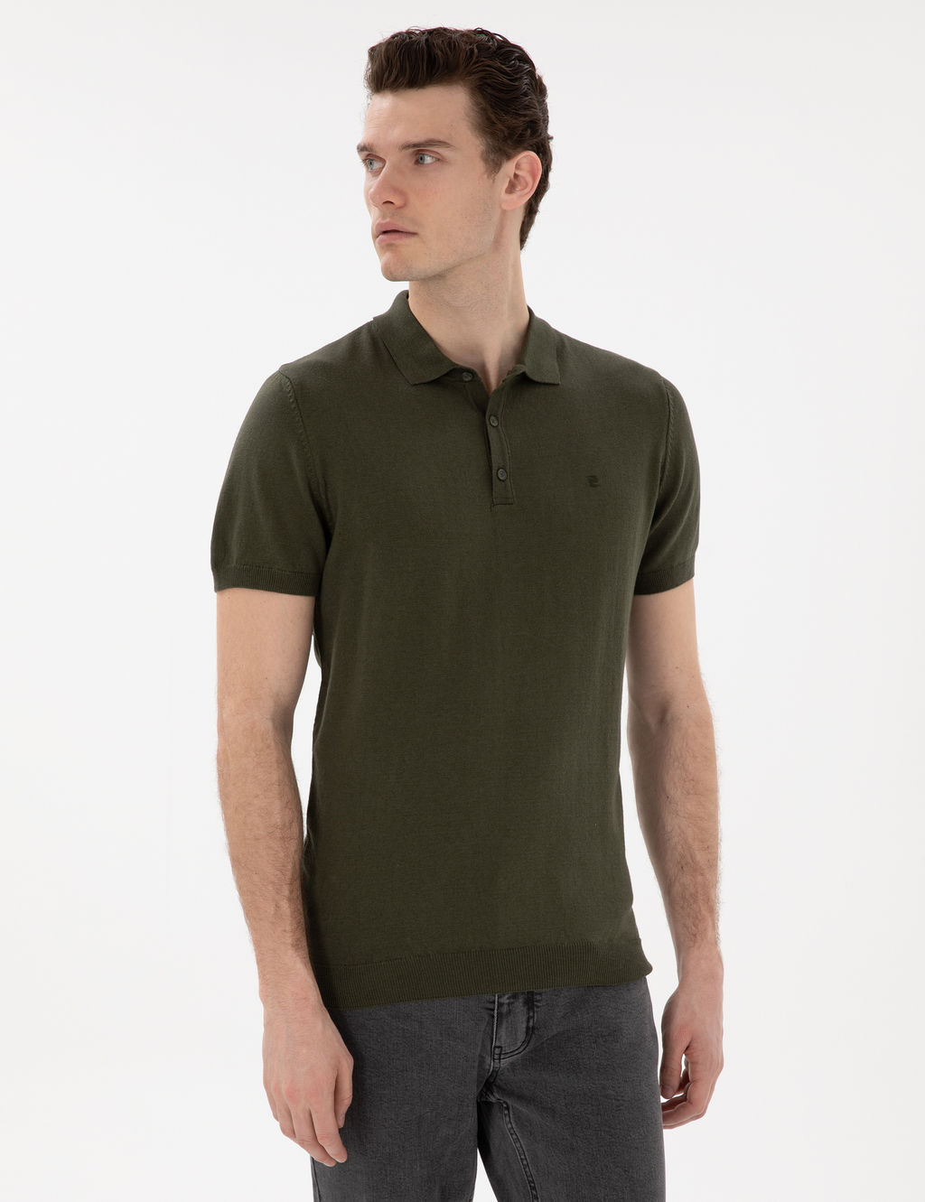Haki Slim Fit D__meli Polo Yaka Triko Ti__rt
