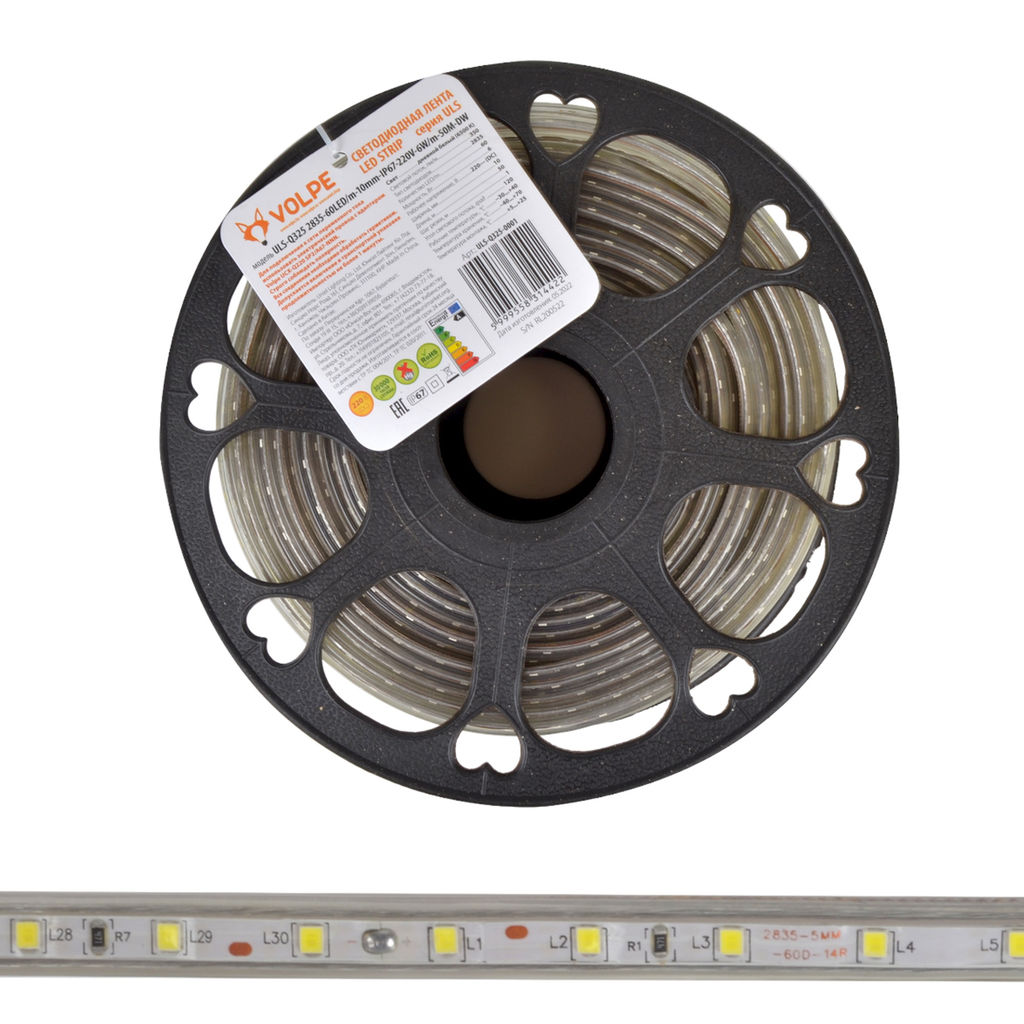 ULS-Q325 2835-60LED/m-10mm-IP67-220V-6W/m-50M-DW Светодиодная гибкая герметичная лента Volpe. В ПВХ трубке. Упаковка - бобина 50 м. IP67. Угол излучения 120. Кратность резки 1 м. Холодный белый свет.