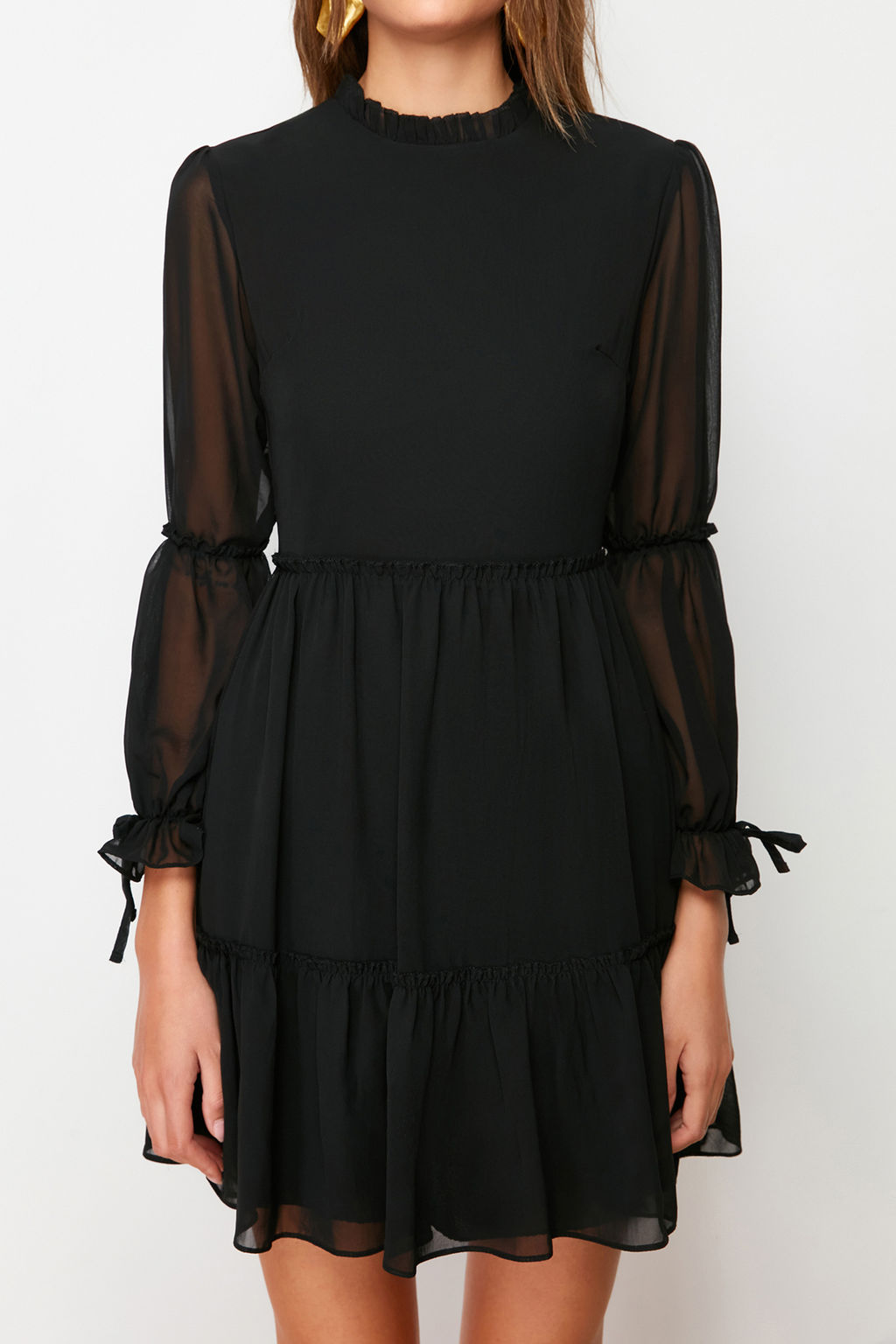 Trendyolmilla Mavi Duz Belden Ac?lan Dik Yaka Buzgulu Mini Astarl? Dokuma K?sl?k Elbise TWOAW20EL0345  фото 5
