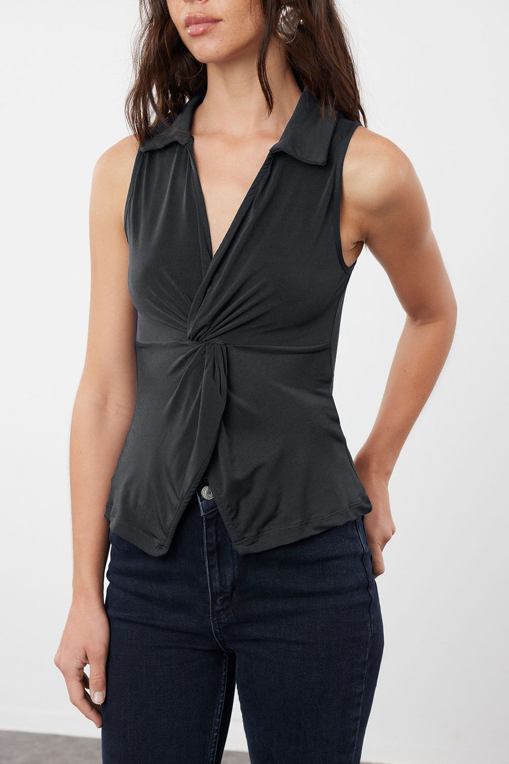 Trendyolmilla Bordo Fitted/Vucuda Oturan Polo Yaka Esnek Orme Bluz TWOSS24BZ00085 фото 3