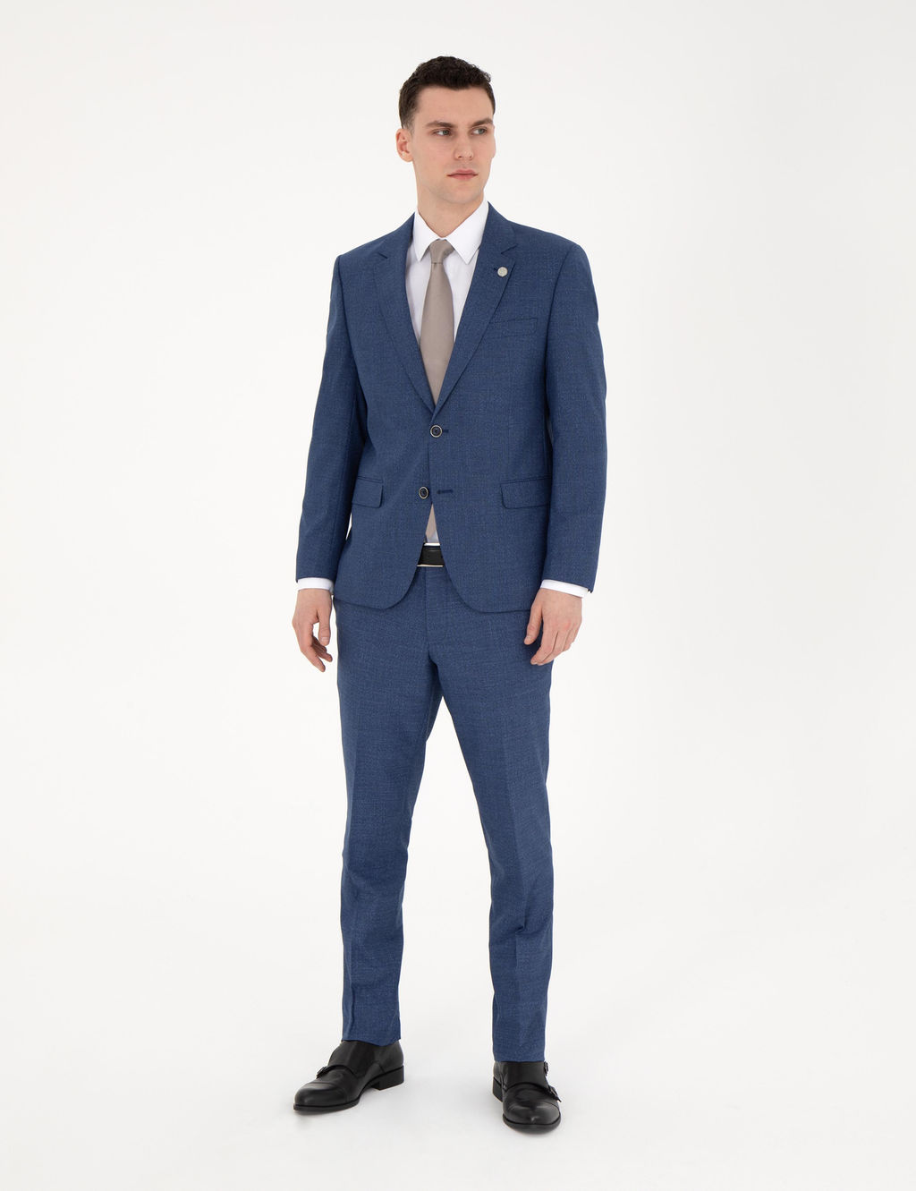 Koyu Mavi Slim Fit Y_n Kar___ml_ Tak_m Elbise