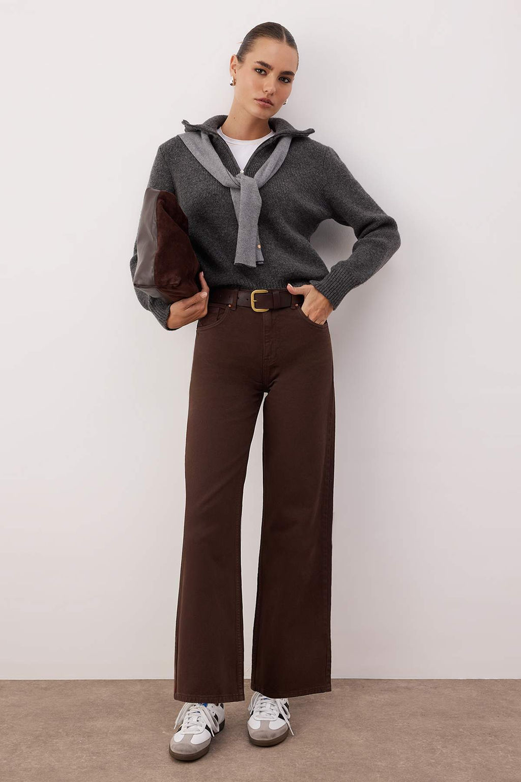 Koyu Kahverengi Yuksek Bel Bilek Boy Culotte %100 Pamuklu Jeans TWOAW26JE00190