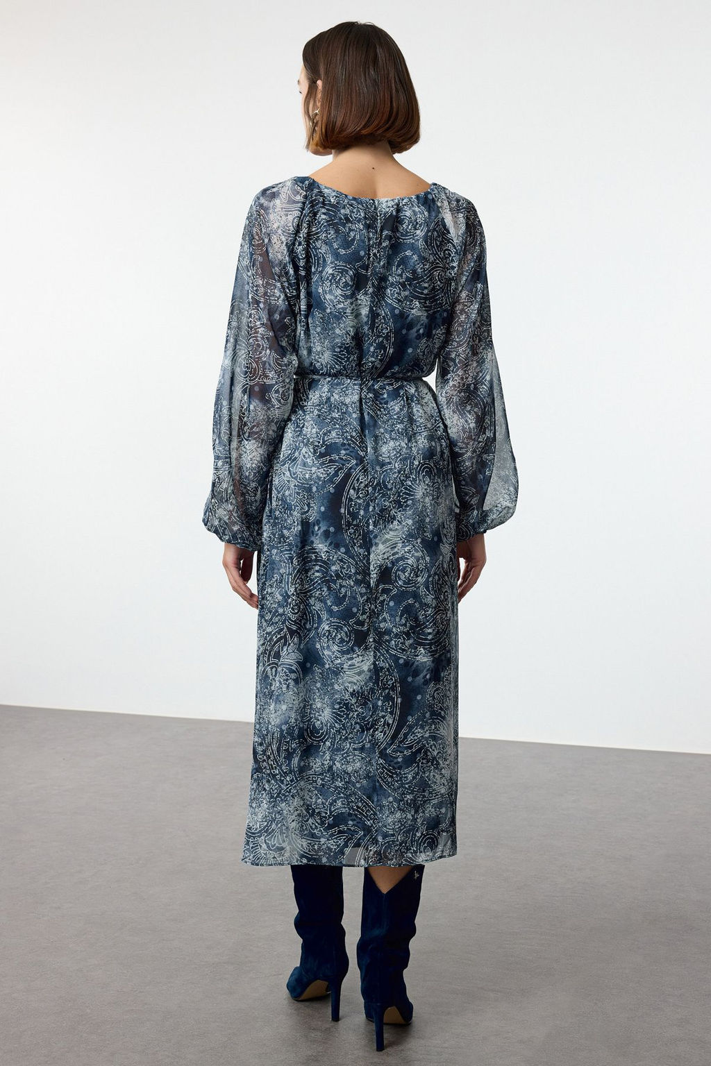 Lacivert Kusakl? Cicekli A Kesim Midi Astarl? Dokuma K?sl?k Elbise TWOAW25EL00498 - Trendyolmilla фото 5