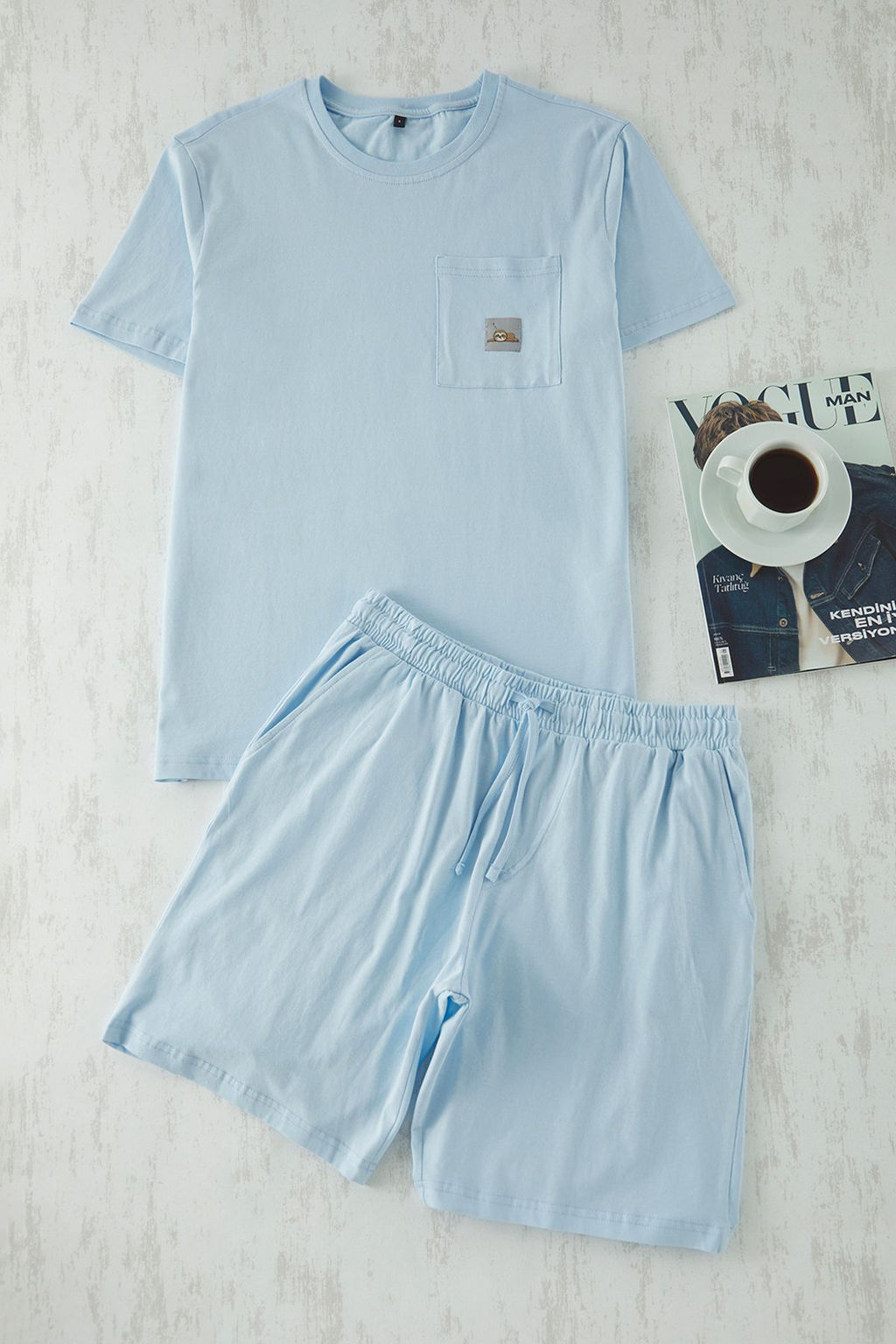 TRENDYOL MAN Mavi Regular Fit Etiketli Sortlu Orme Pijama Tak?m? TMNSS25PT00018 - Trendyolmilla фото 2