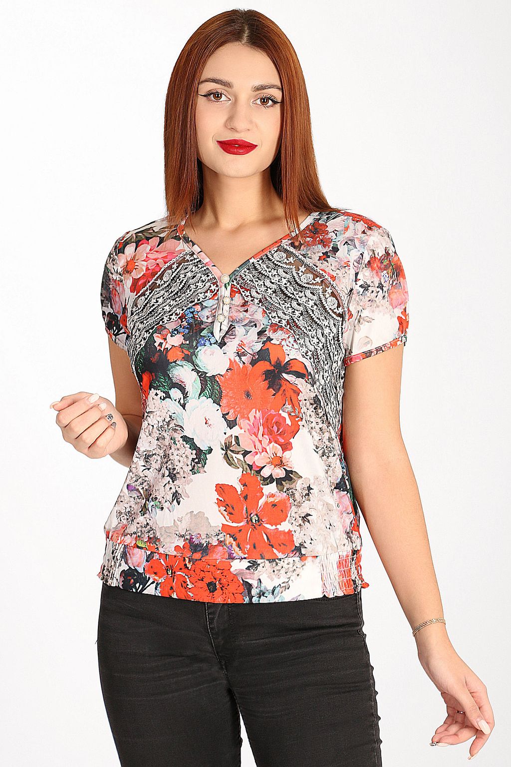 Футболка белая с оранжевыми цветами женская - Almond фото 5