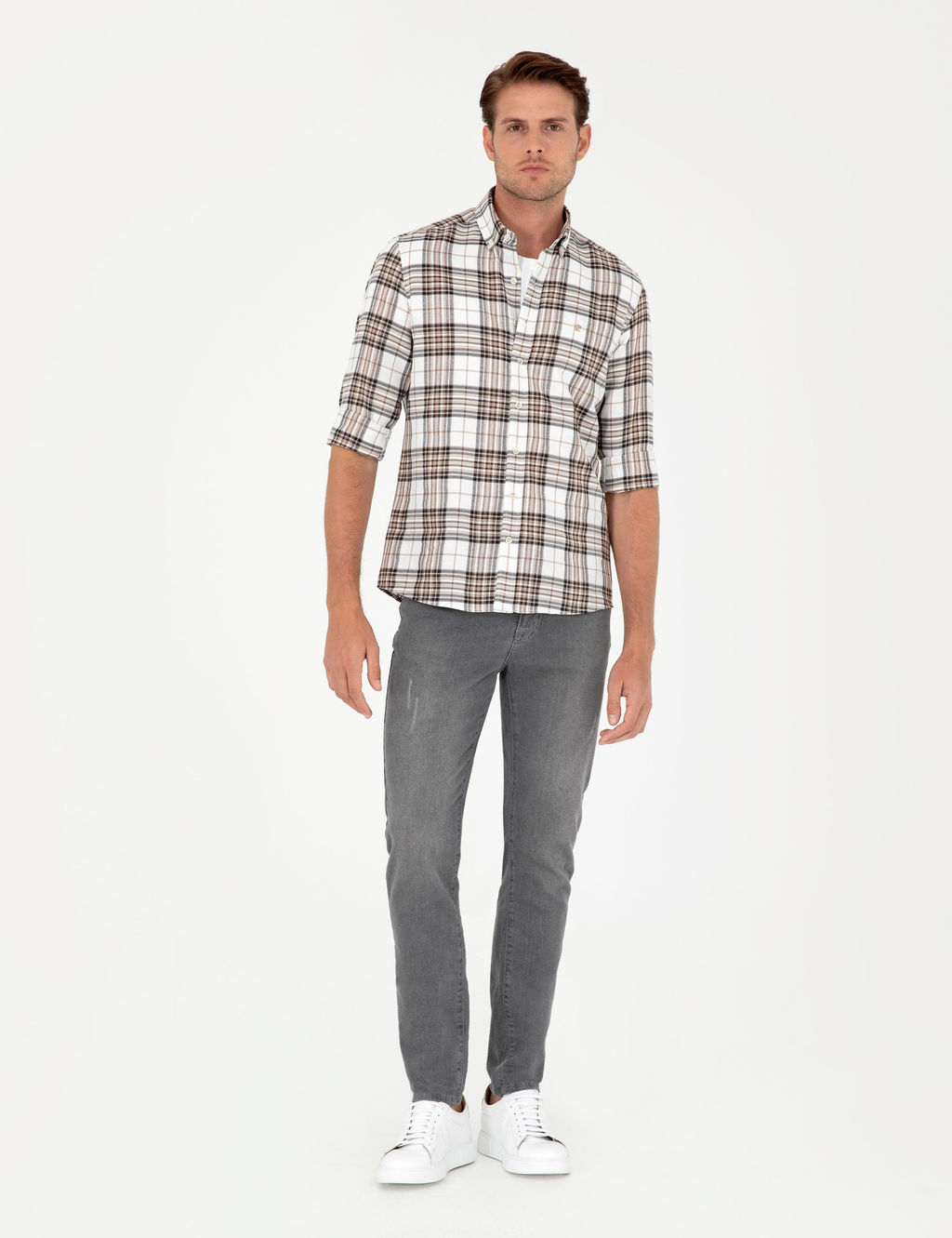 Kahverengi Ekose Slim Fit Uzun Kollu G_mlek