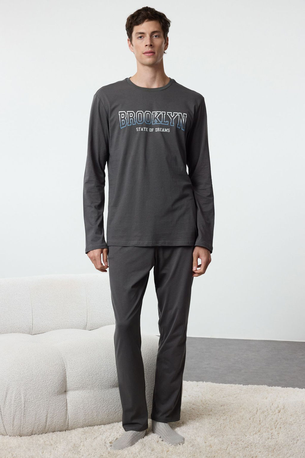 TRENDYOL MAN Erkek Koyu Mor Regular Fit Bask?l? Orme %100 Pamuk Pijama Tak?m? TMNAW25PT00007 - Trendyolmilla фото 2