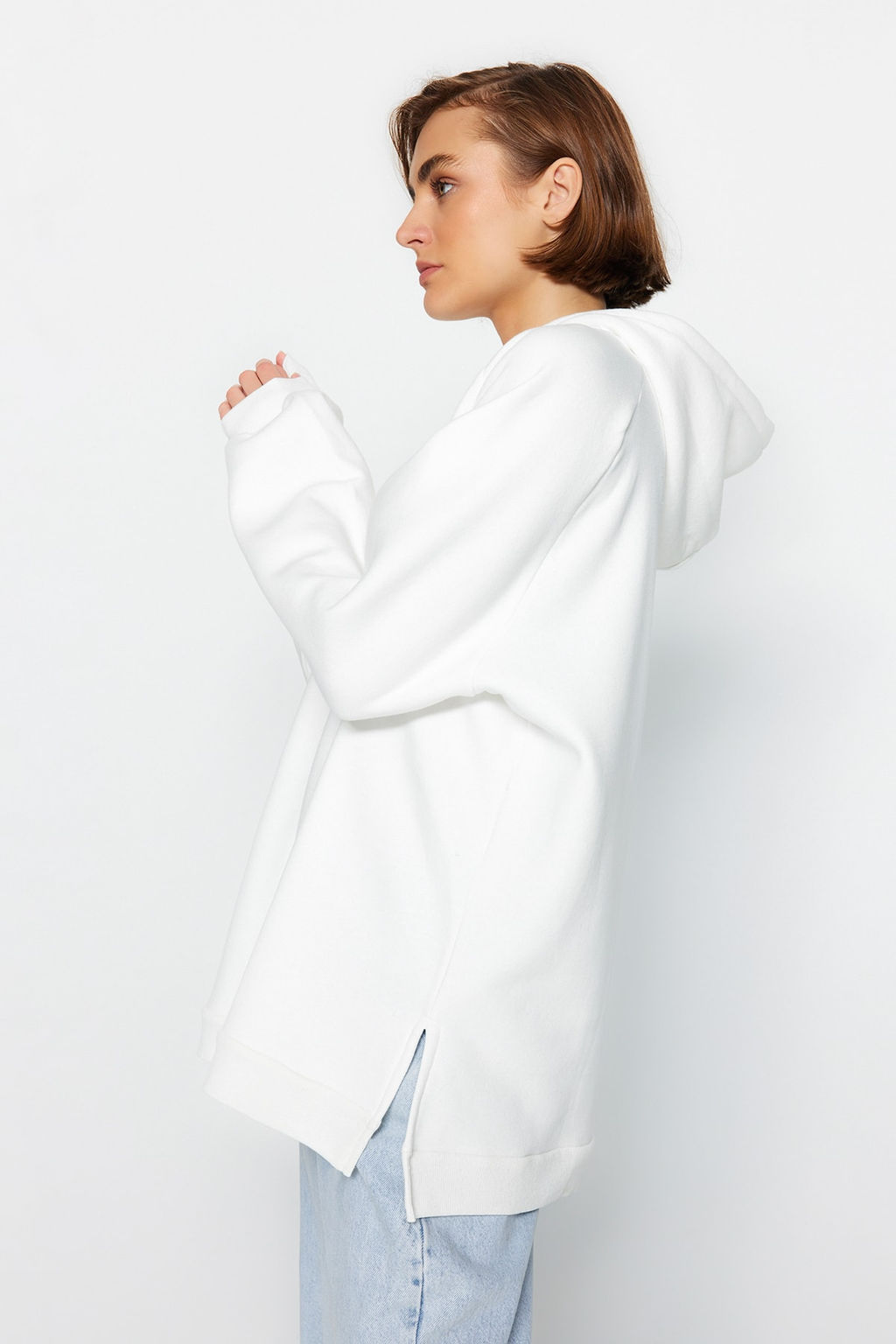 Ekru Kapusonlu Oversize Sardonlu Orme Sweatshirt