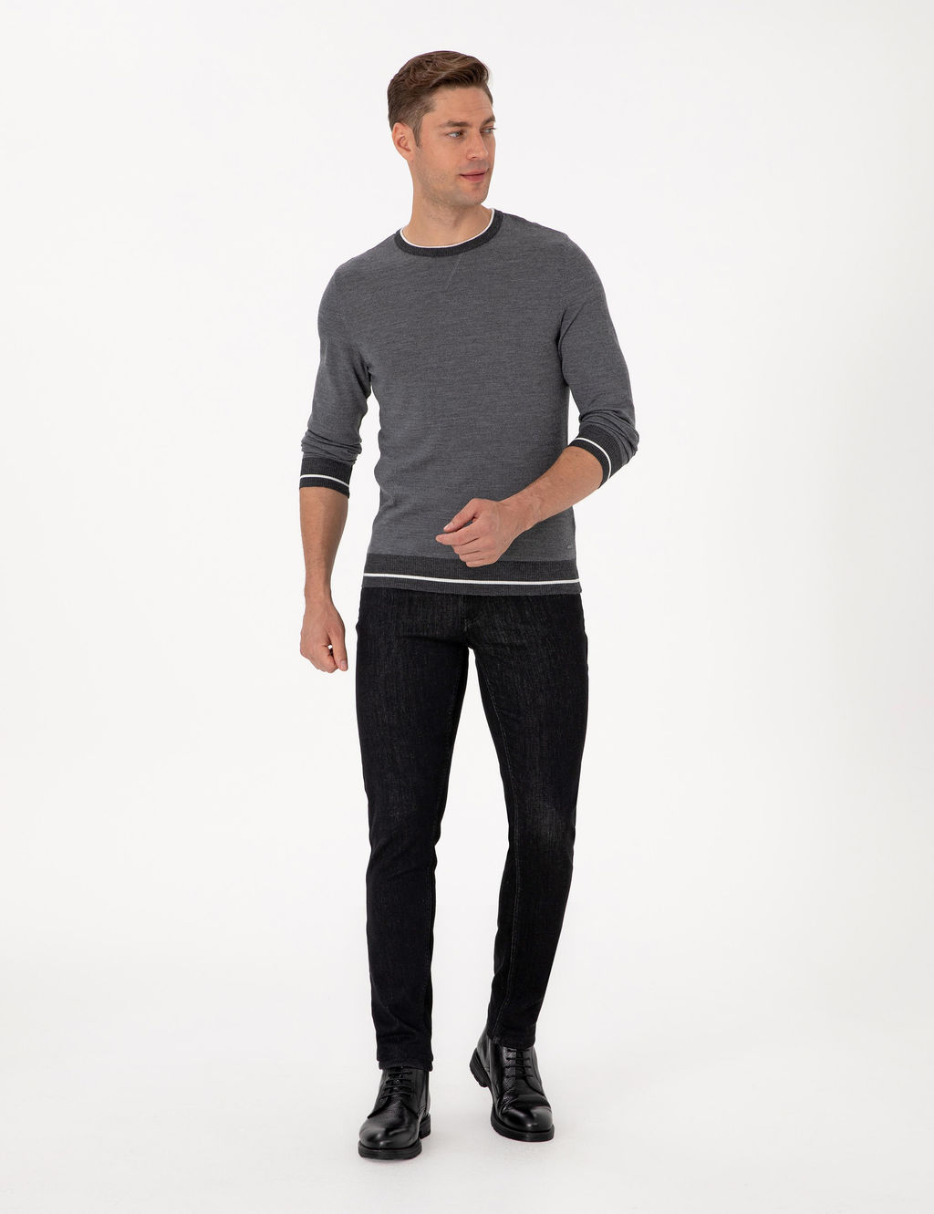A__k Gri Melanj Slim Fit Bisiklet Yaka Y_n Kar___ml_ Triko Kazak - Pierre cardin фото 4