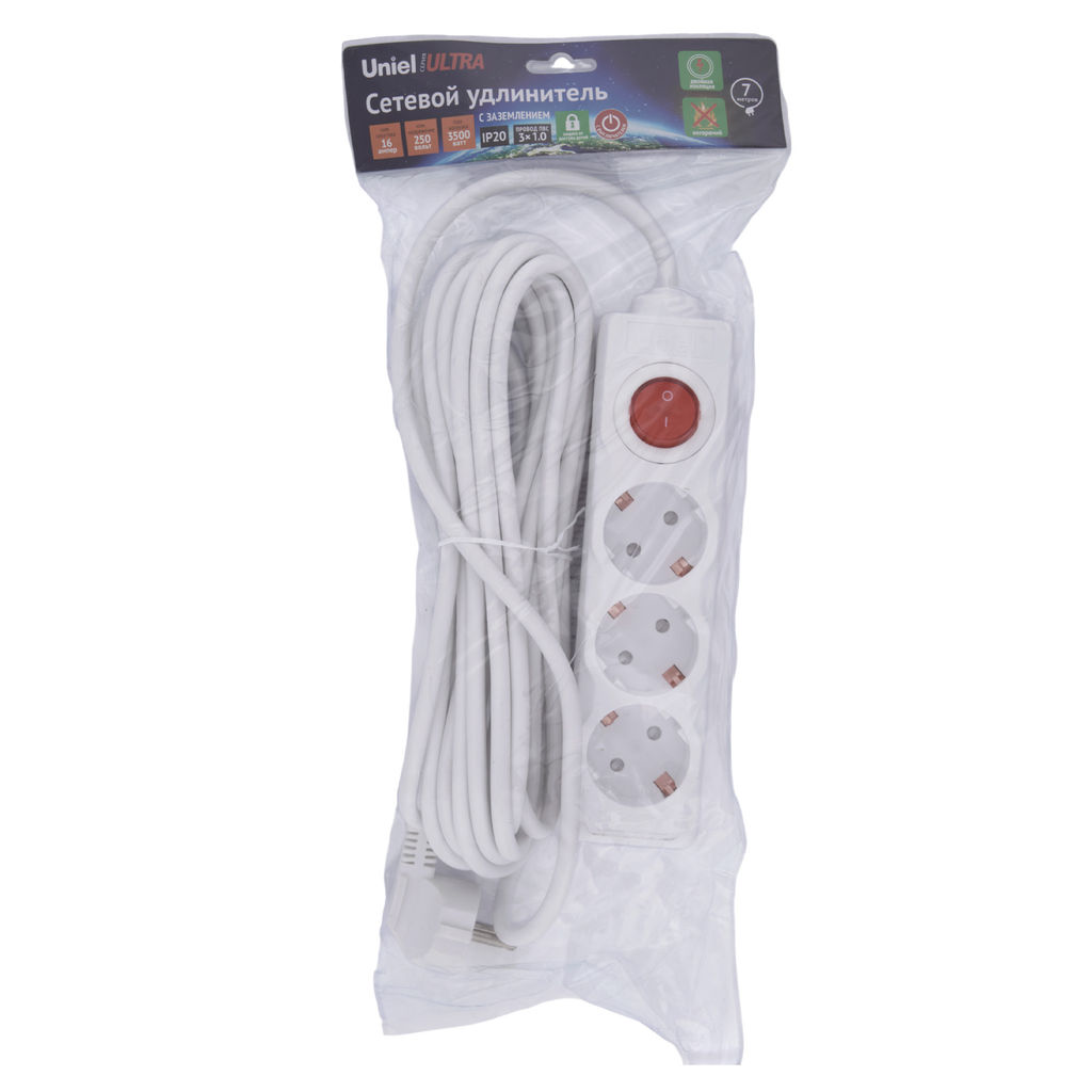 S-GCU3-7B WHITE Удлинитель серии Ultra, шнур 7м., 3 гнезда, 16A, с/з. Белый. TM Uniel