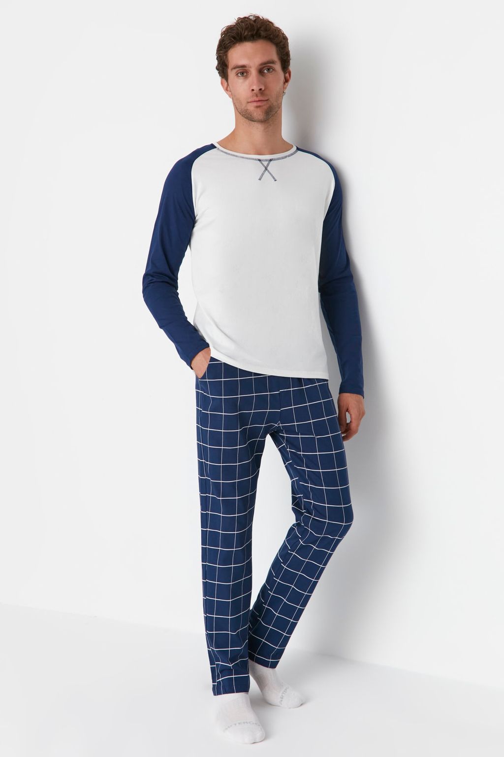 Lacivert %100 Pamuk Regular Fit Ekose Orme Pijama Tak?m? THMAW21PT0879