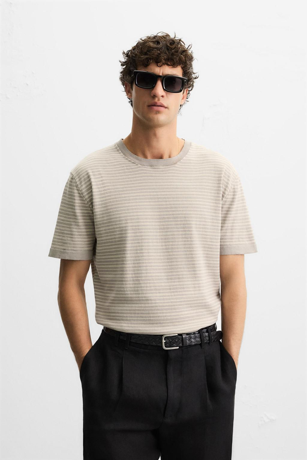 STRIPED KNITTED COTTON-LINEN T-SHIRT - Zara фото 2