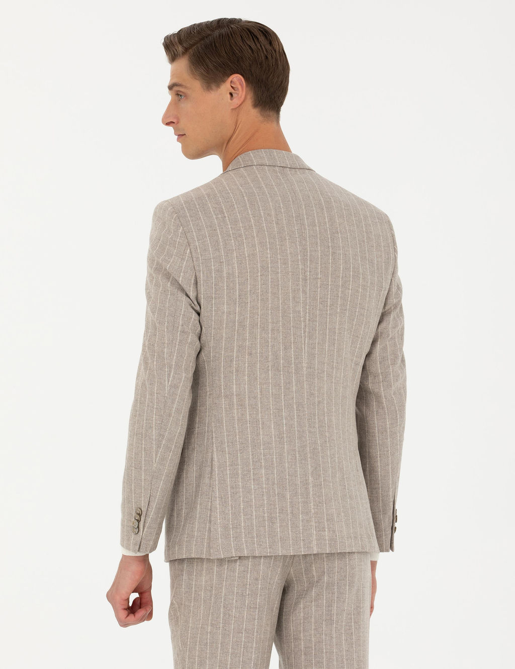 Бежевая классическая куртка приталенного кроя из шерсти и кашемира в полоску - Cacharel фото 5