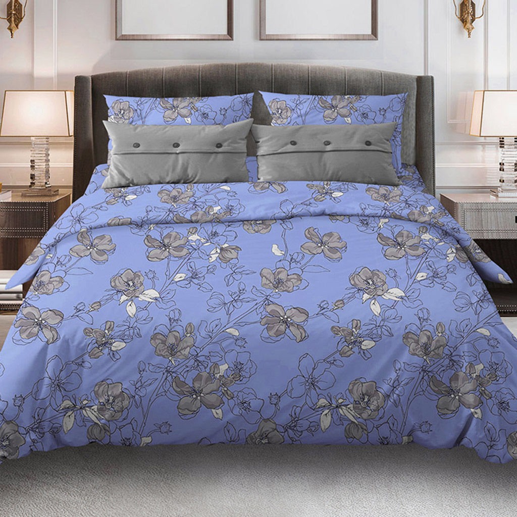 Постельное белье, комплект 1,5 спальный "Цветы сакуры-2/12, лавандовый", 4 предмета: пододеяльник 145х215см, простыня классическая цвет серый 150х215см, 2 наволочки 70х70см с клапаном-запахом, бязь 121г/м2, хлопок 100%, упаковка "Классическая" ПВХ 32