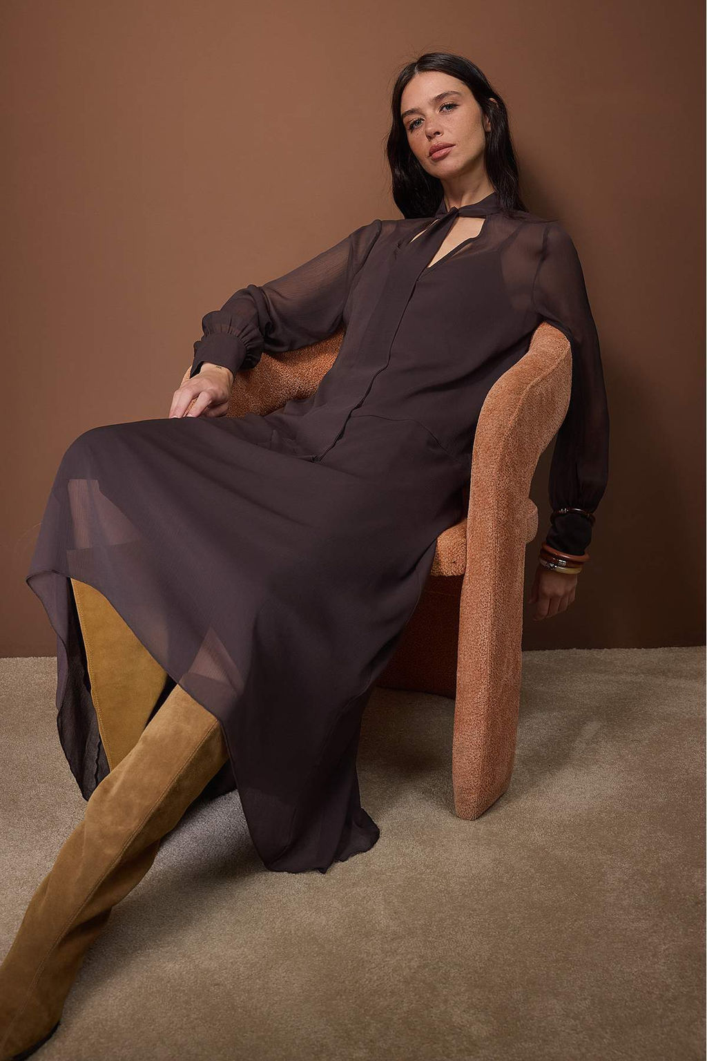 Koyu Kahverengi Sifon Astarl? Dokuma Elbise TWOAW26EL00330 - Trendyolmilla фото 3