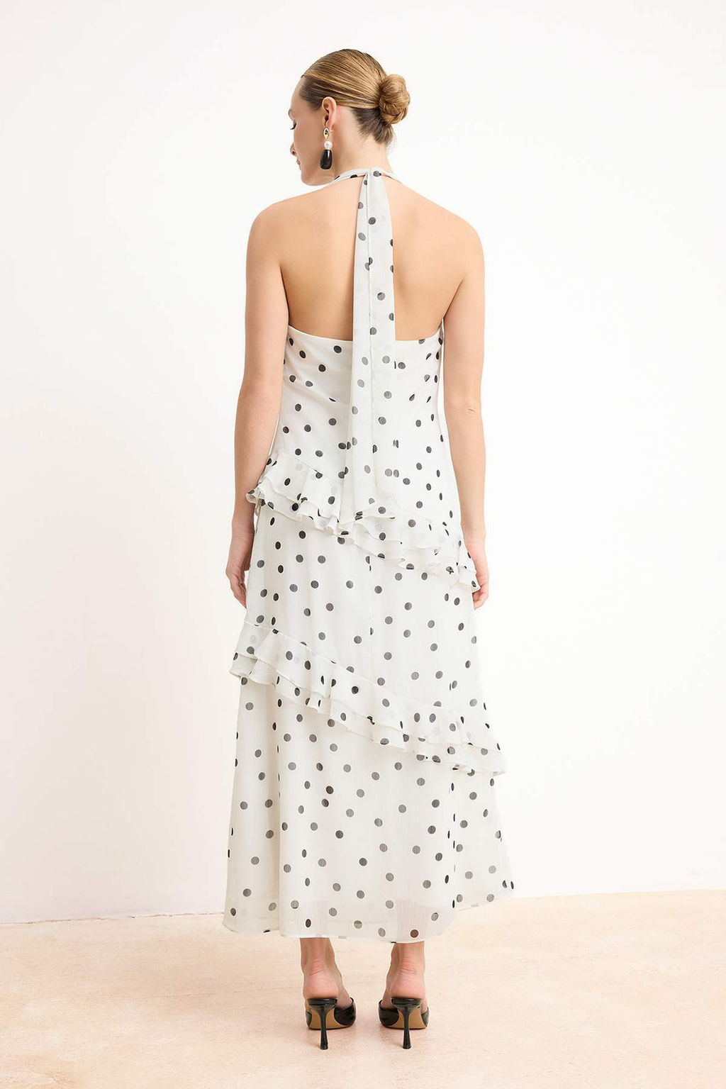 Ekru Puantiyeli F?rf?rl? Midi Astarl? Dokuma Elbise TWOSS26EL00071