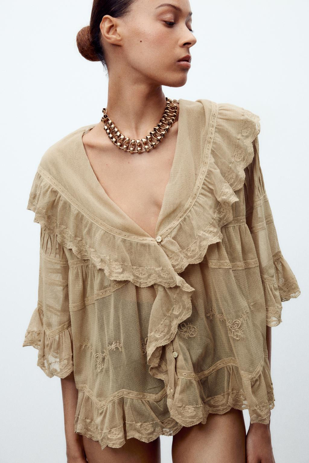 EMBROIDERED TULLE TOP WITH RUFFLES