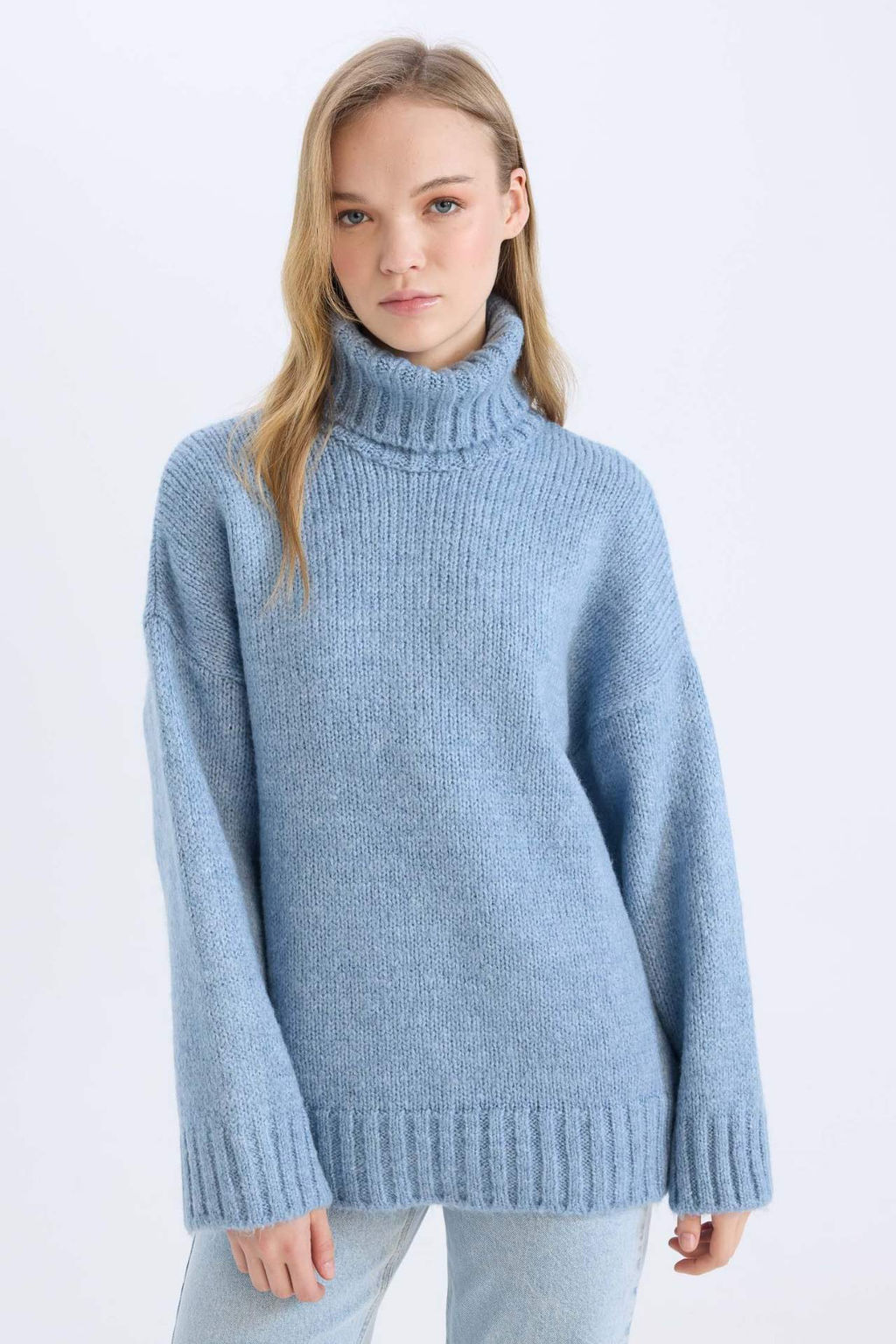 Oversize Genis Kal?p Bal?kc? Yaka Basic Duz Triko Kazak Tunik - Defacto фото 3