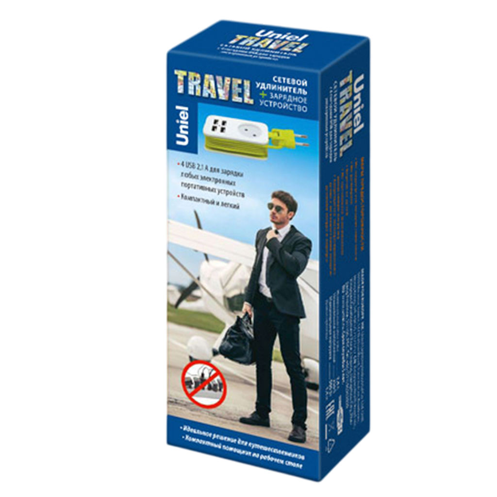 S-CT1-1,5U WHITE/GREEN Удлинитель серии Travel, шнур 1,5м., 1 гнездо, 10A, б/з, 4USB(2,1A). Белый с салатовым. ТМ Uniel