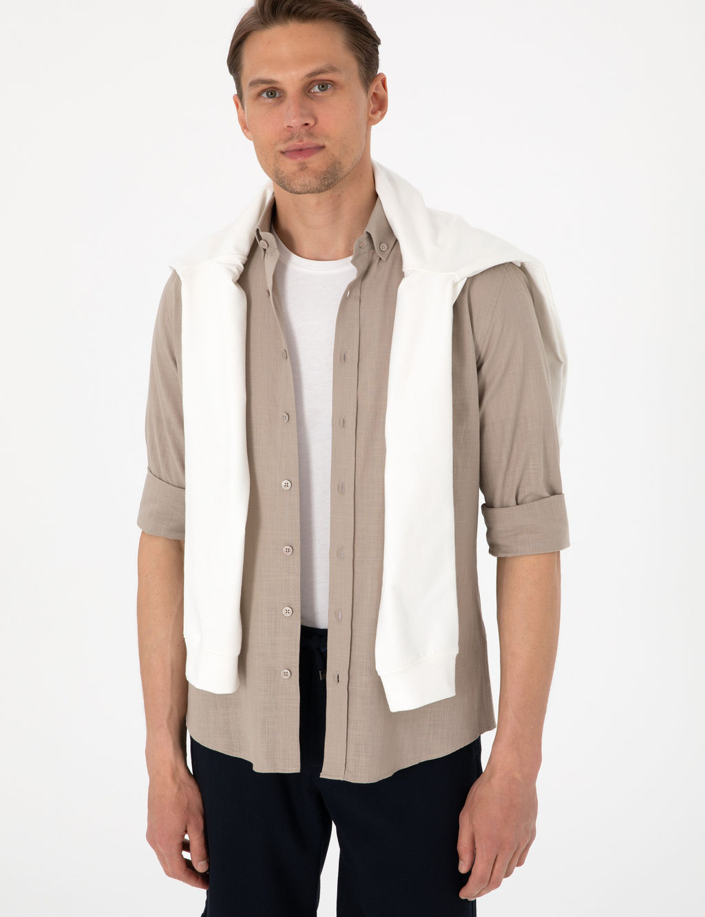 Vizon Keten G_r_n_ml_ Slim Fit Uzun Kollu G_mlek