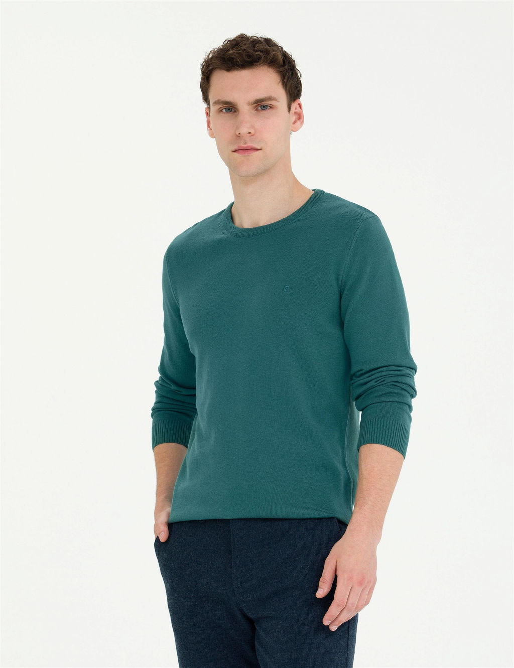 Ye_il Slim Fit Bisiklet Yaka Basic Triko Kazak