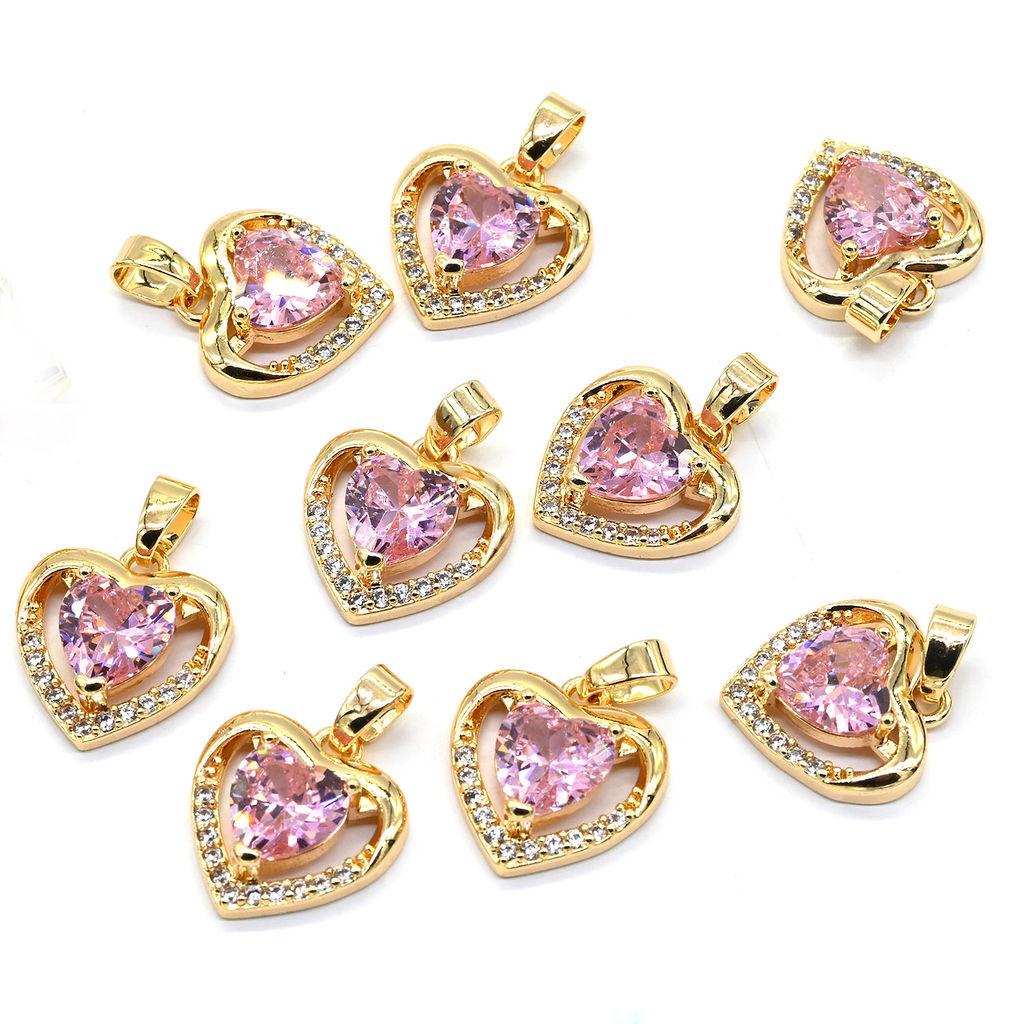 Подвеска Сердечко 13*14мм с цирконом цв.розовый, золотистая Радуга камня