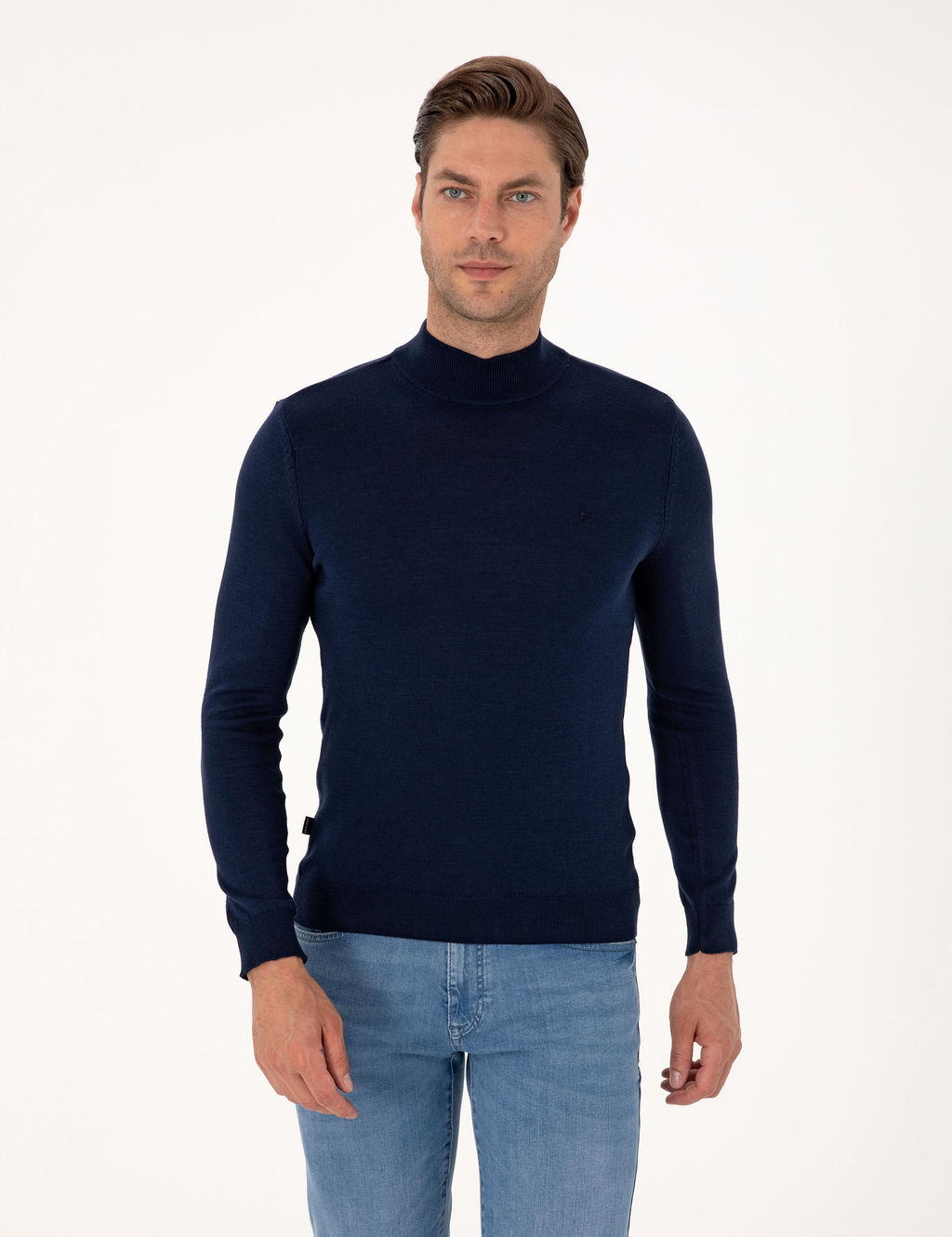A__k Lacivert Slim Fit Yar_m Bal_k__ Yaka Basic Triko Kazak