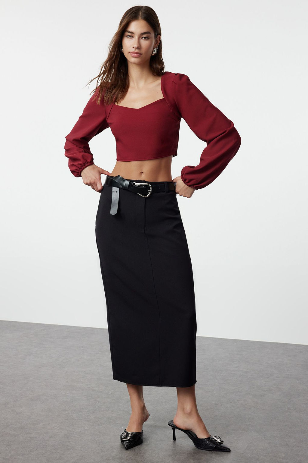 Bordo Crop Kalp Yaka Uzun Kollu Dokuma Bluz TWOSS21BZ0236 - Trendyolmilla фото 2