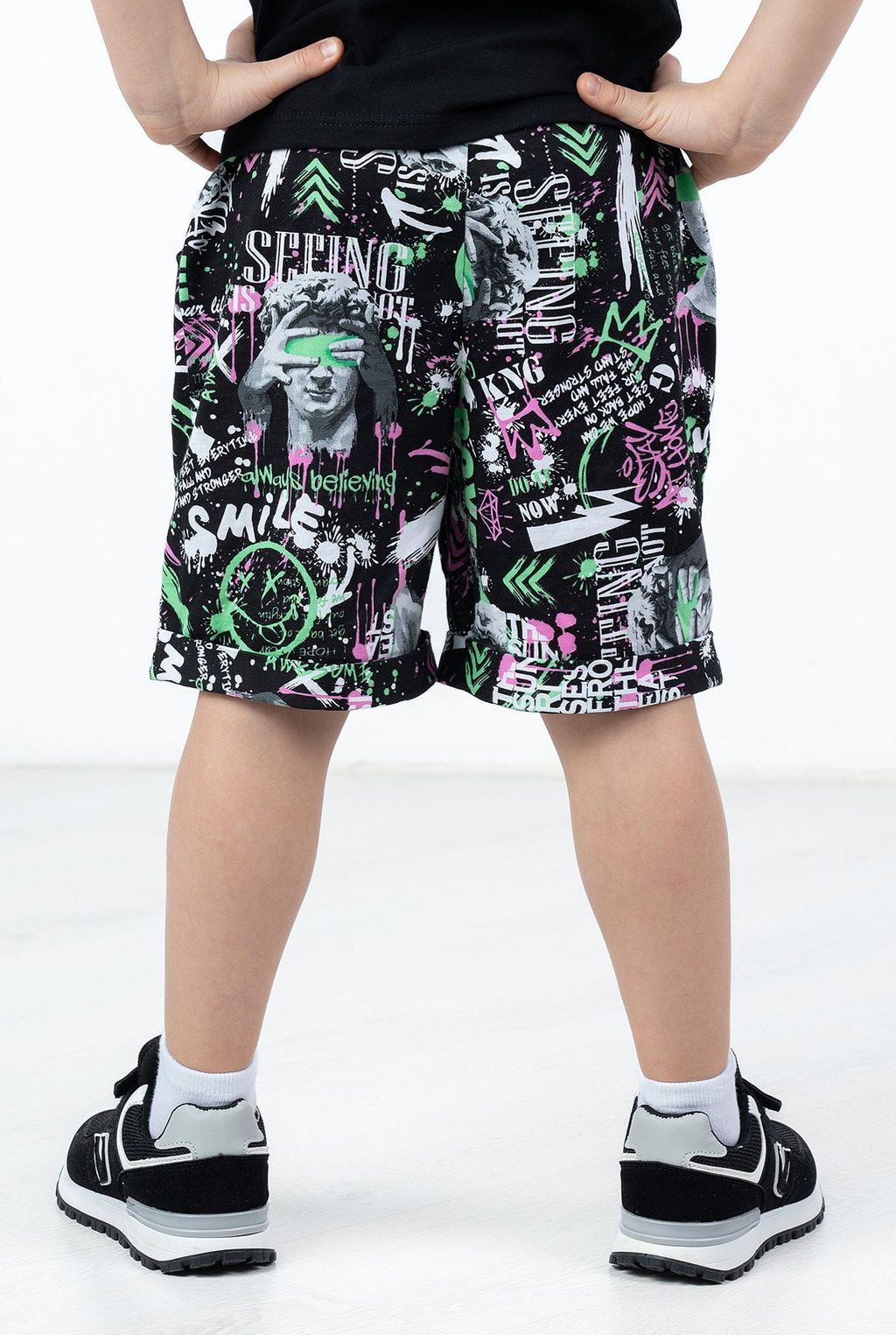 Шорты с карманами Эбби, цвет Черный/Зелен-Розов Brave,100% х/б - 5+ фото 2