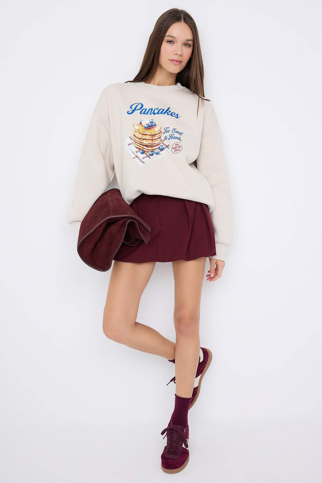 Teen Tas Kal?n Ici Polarl? Oversize Genis Kesim Pankek Bask?l? Orme Sweatshirt TWOAW26SW00156 - Trendyolmilla фото 5