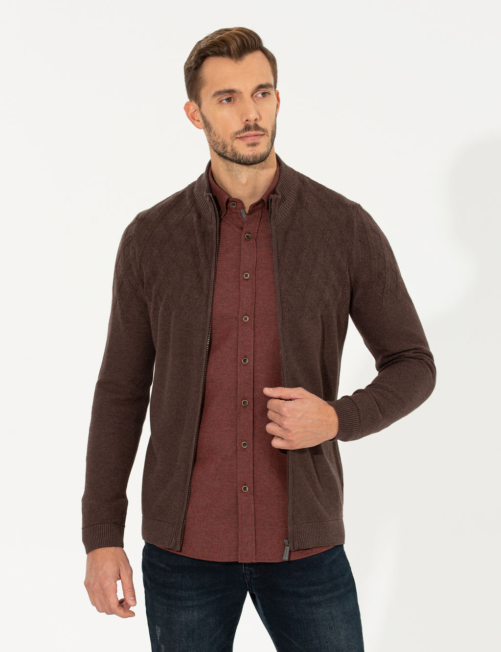 A__k Kahverengi Slim Fit Fermuarl_ Triko H_rka