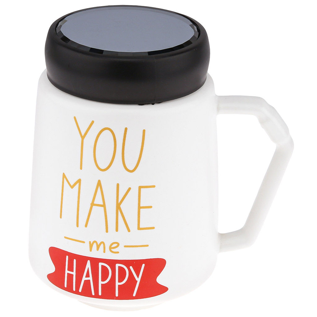 Кружка фарфоровая Признания You make me happy 600мл, д9,5см h13,3см, матовая глазурь, деколь с золотом, цвет - белый, пластмассовая, винтовая крышка, герметичная, с силиконовым уплотнителем, д/горла 6,6см, д/основания 5,6см, в подарочной коробке