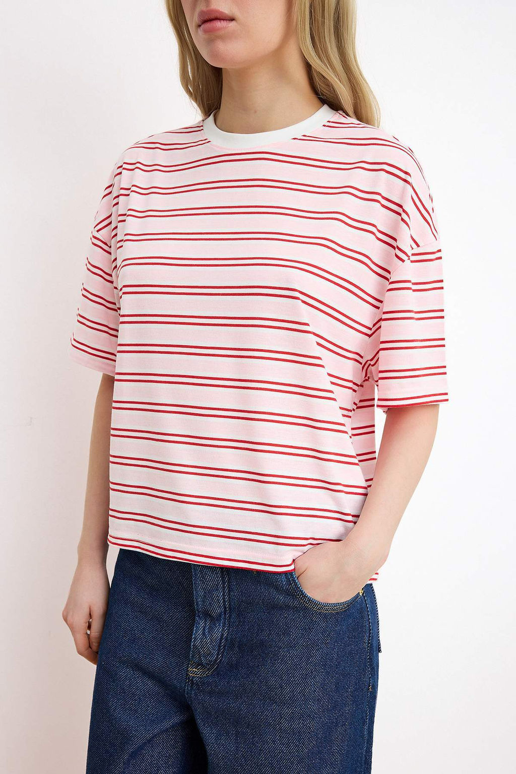 Pembe Cizgili Boxy Dusuk Kol K?sa Kollu Tok %100 Pamuk Orme T-Shirt TWOSS26TS00023 - Trendyolmilla фото 3